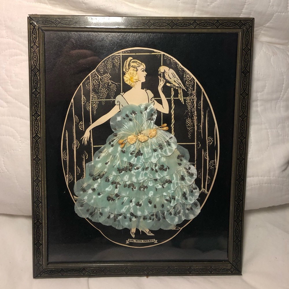 Vintage Framed 3D picture of Lady with Blue Dress and parrot.
